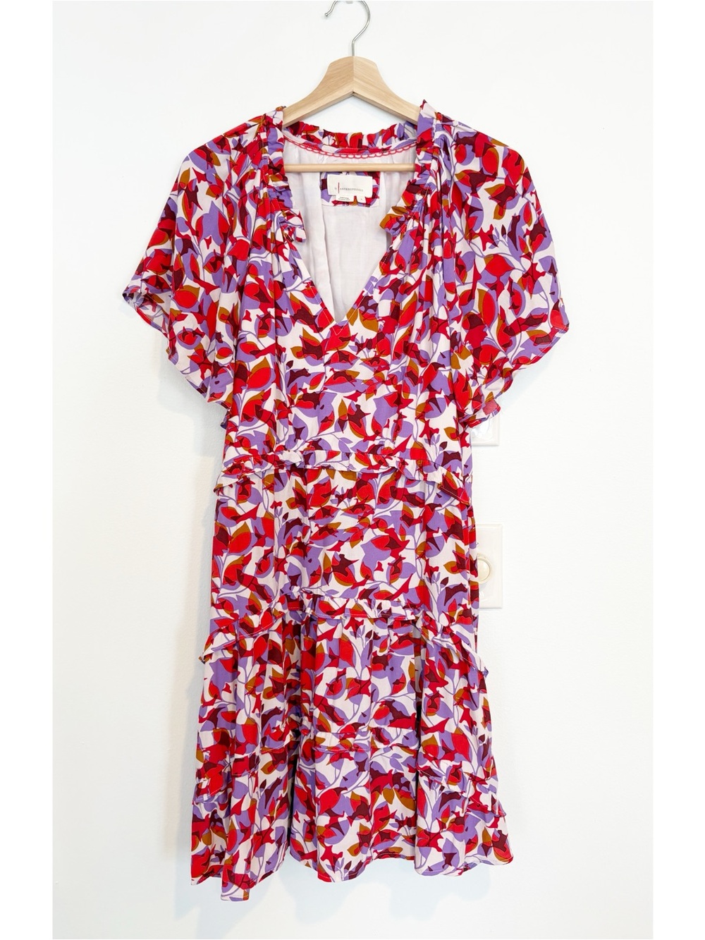 Anthropologie || Robin‎ Tiered A-Line Mini Dress Floral Red Lavender Large